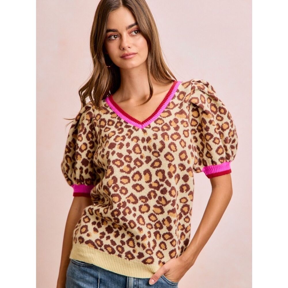 BiBi Leopard Pattern Puff Sleeve V-neck Sweater Top sz XL - Picture 6 of 7